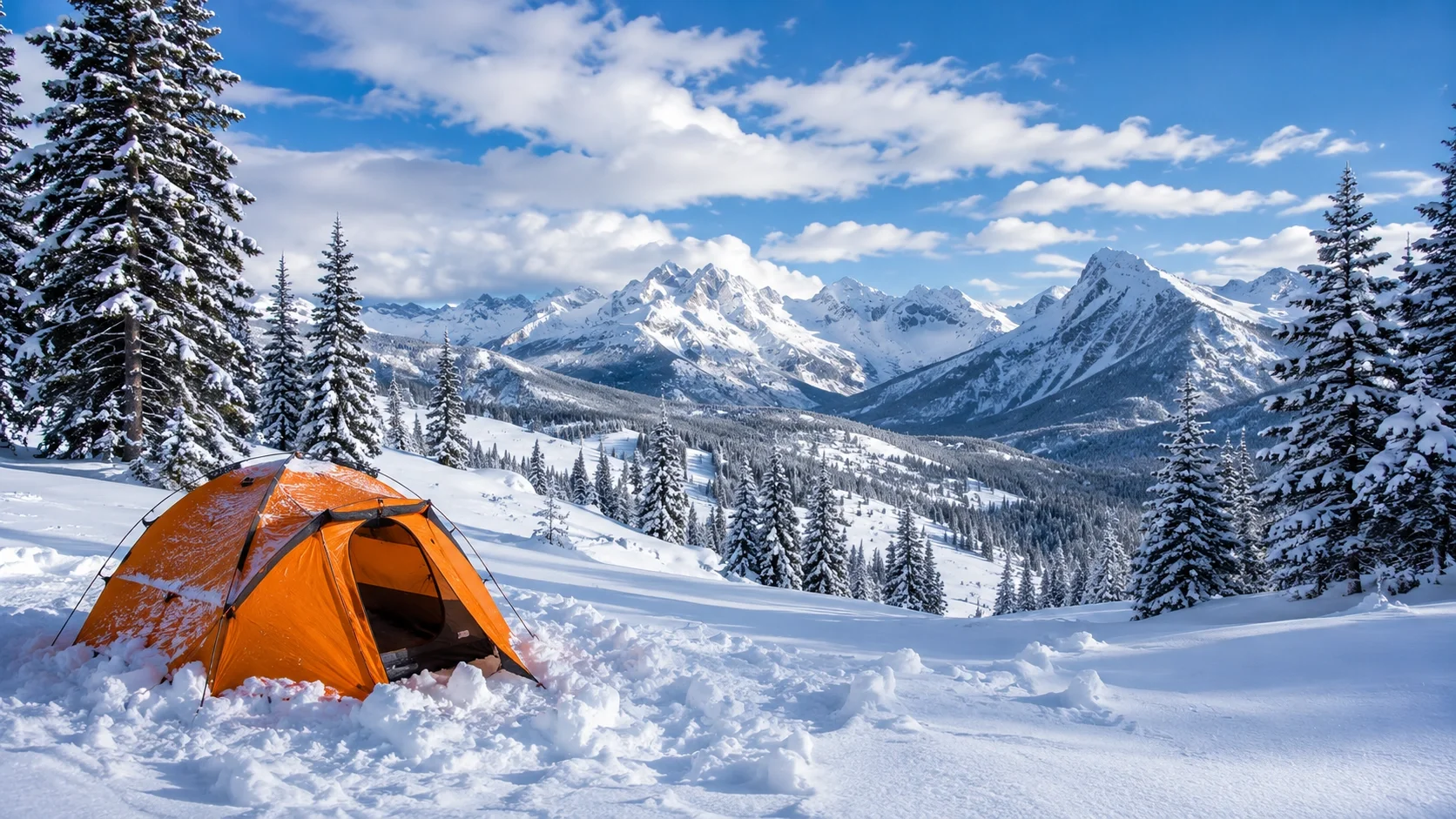 Winter camping tent set up in a snowy mountain landscape at dusk