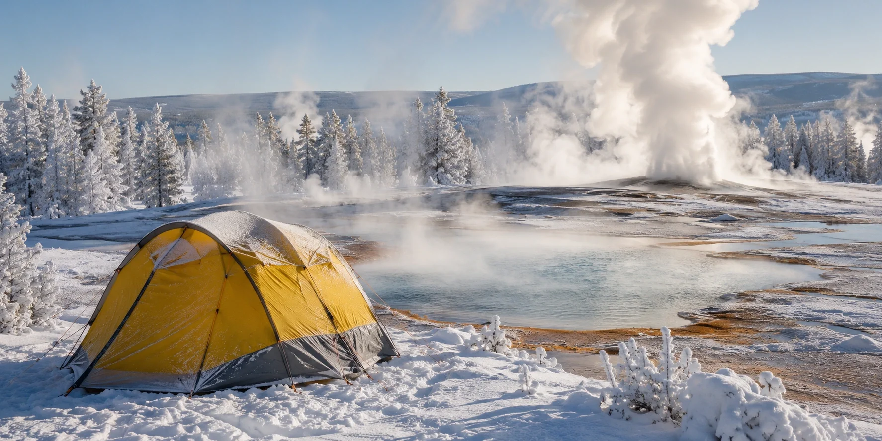 Winter camping near Yellowstone geyser with steam and snow