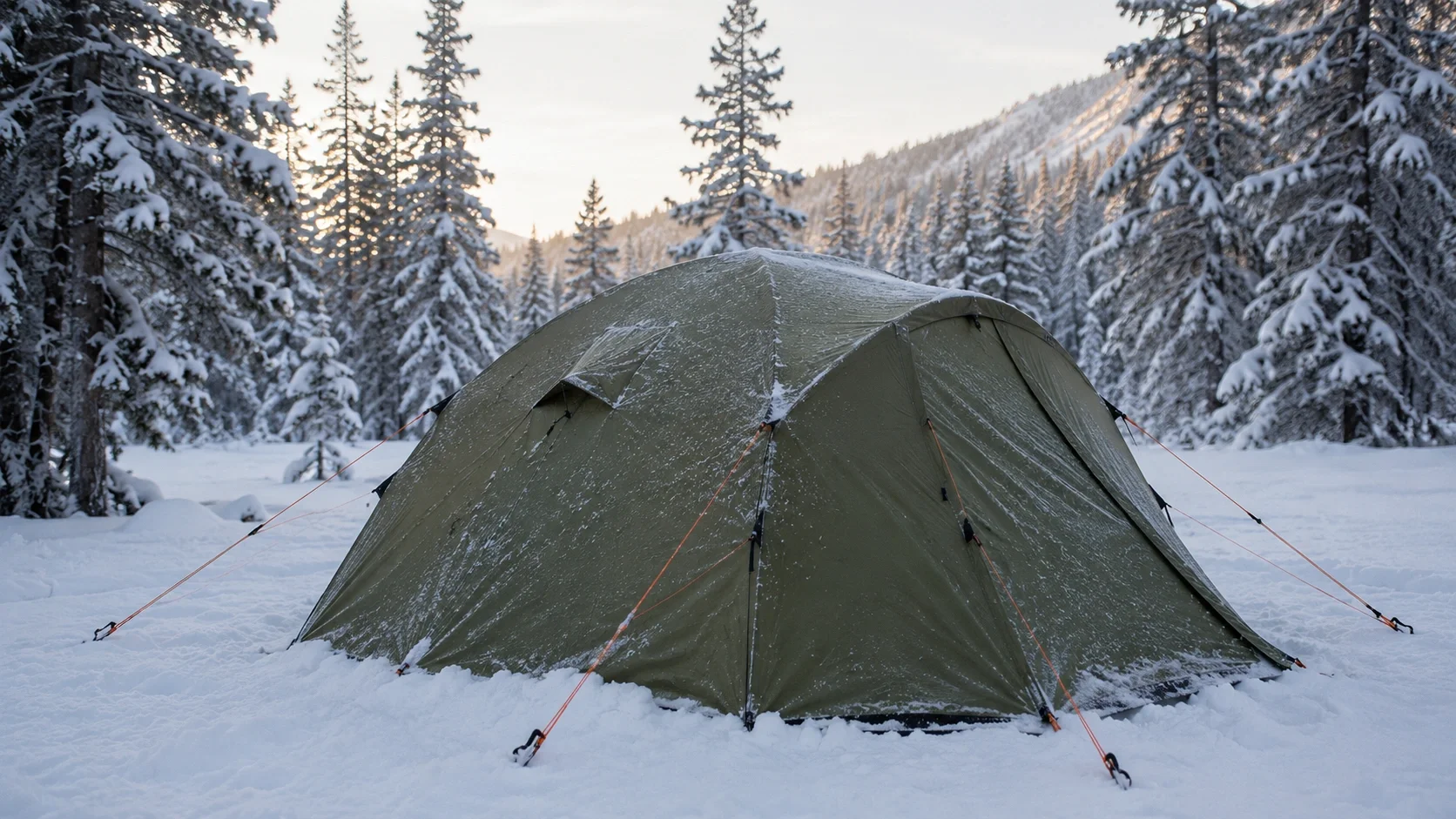 Four-season winter camping tent set up on snow with snow stakes