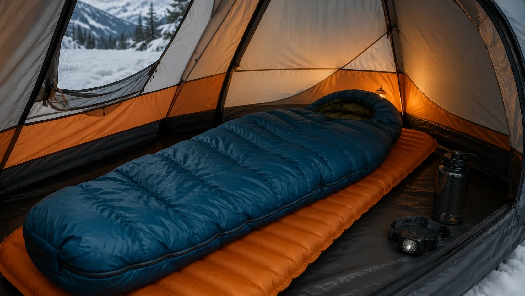 Winter sleeping bag and insulated sleeping pad inside a four-season tent