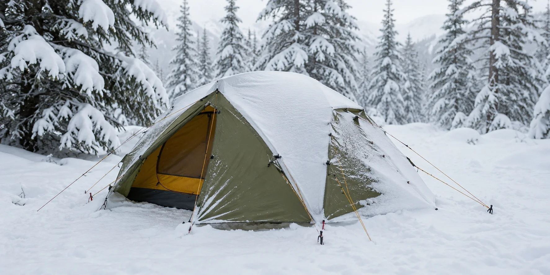 Four-season winter tent with snow flaps deployed