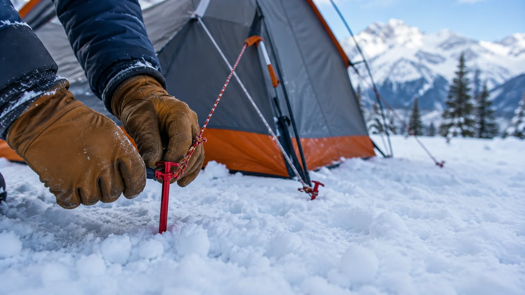 Setting up winter tent on snow with snow stakes and guy lines