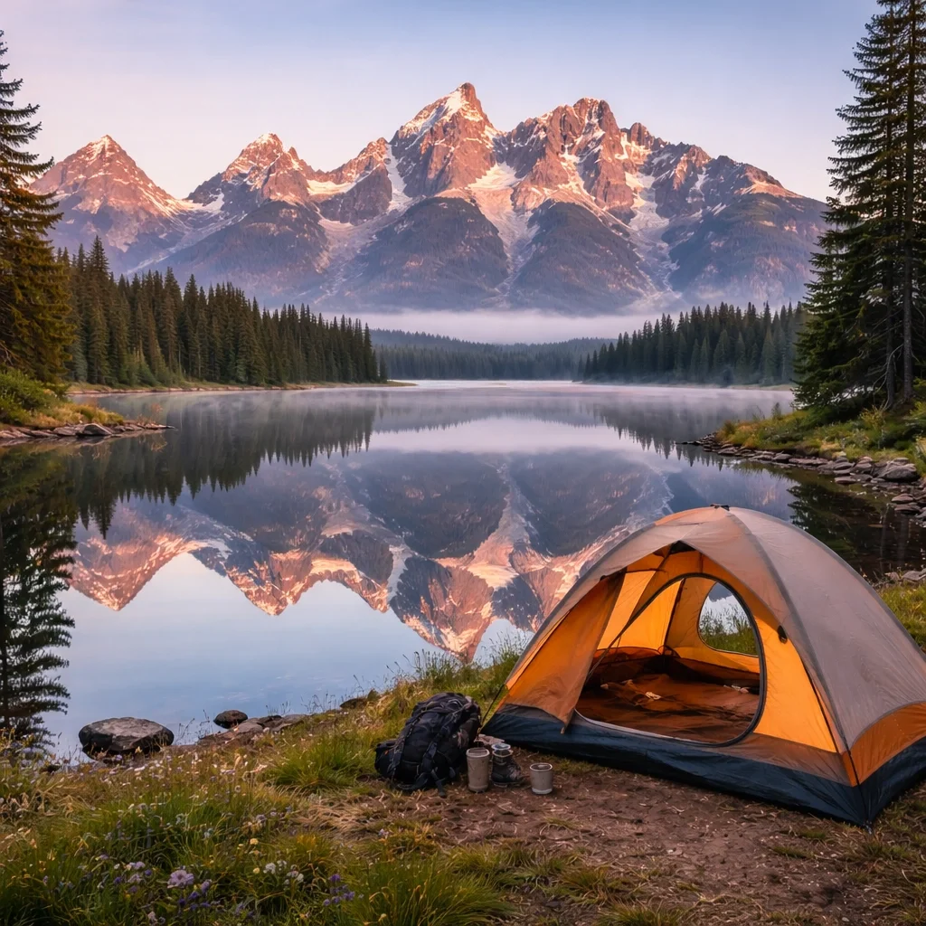 Grand Teton National Park camping with Teton Range reflected in lake