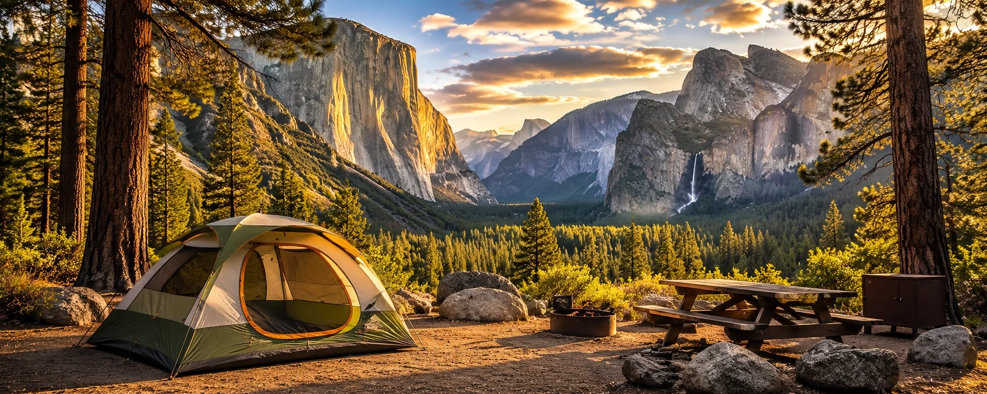 Yosemite Valley campground with iconic granite cliff views and well-equipped camping sites
