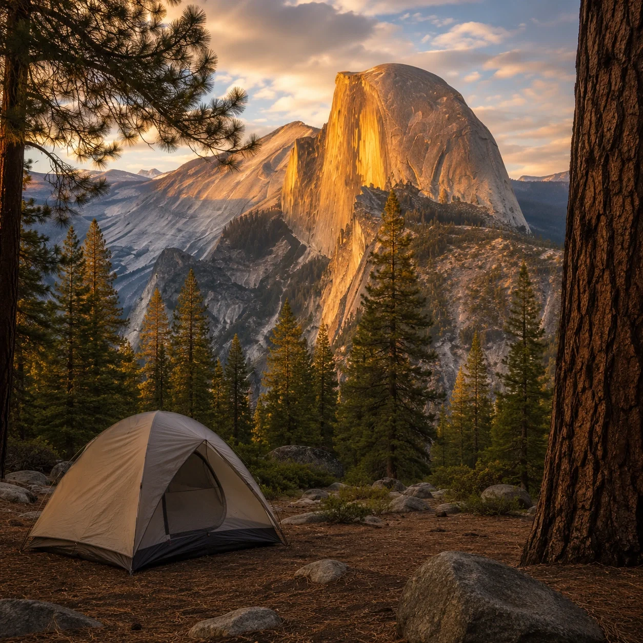 Yosemite National Park campground with Half Dome in background